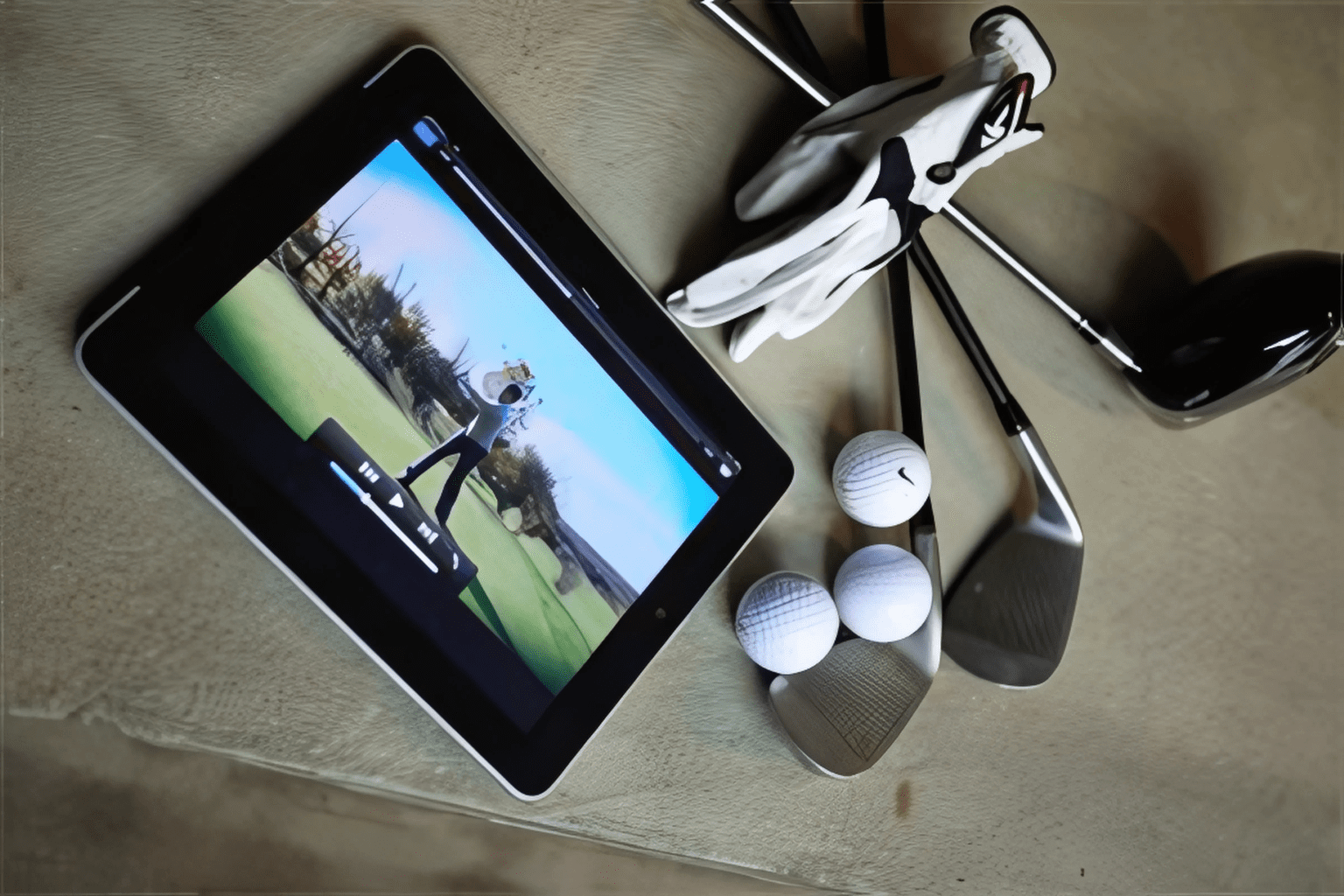 Image of a tablet device with an online golf coaching video paused and some golf clubs next to it
